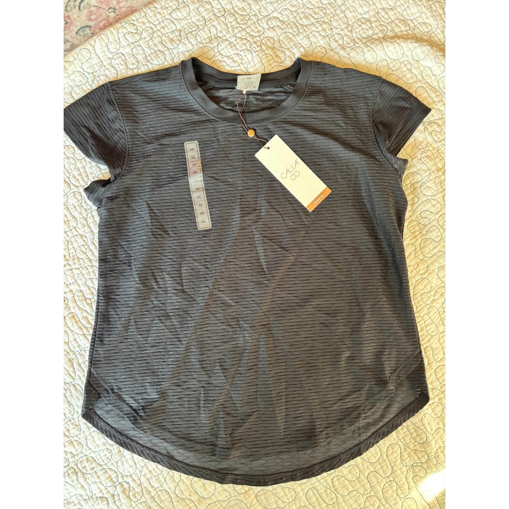 CALIA Renew Tee Pure Black Textured Rib Short Sleeve Top Womens XS